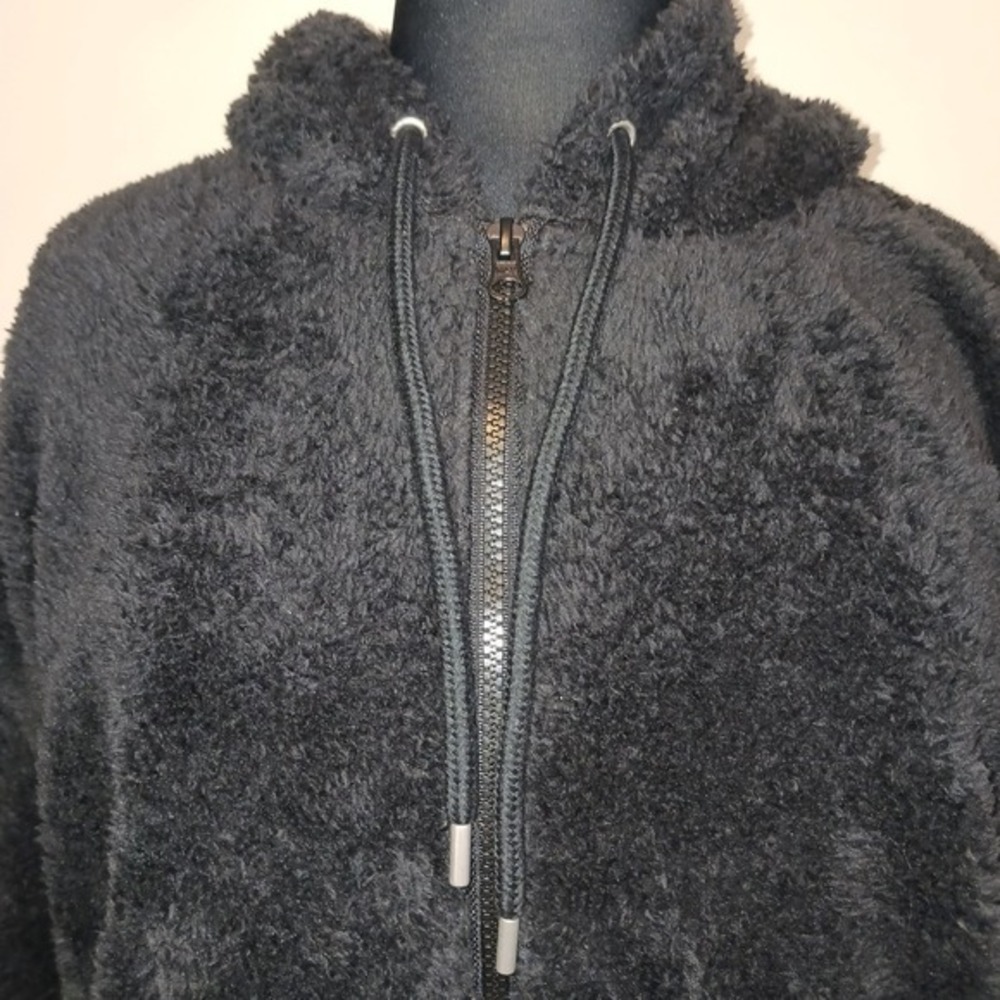 Plush Fuzzy Soft Fleece Hoodie Sweatshirt Jacket Black Zip Up‎ Pockets M